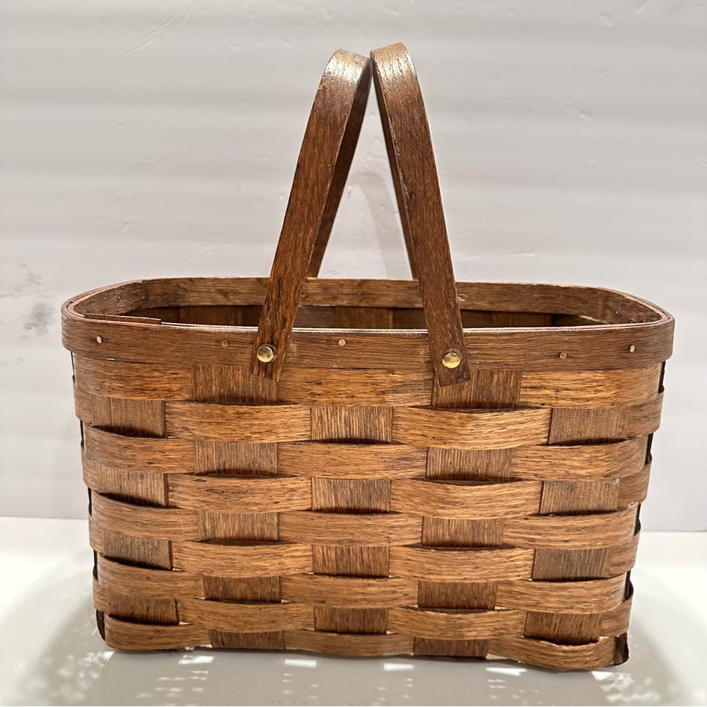 Vintage Dark Brown Woven Basket Wooden Handles Rectangle Skinny Brass Hardware‎
